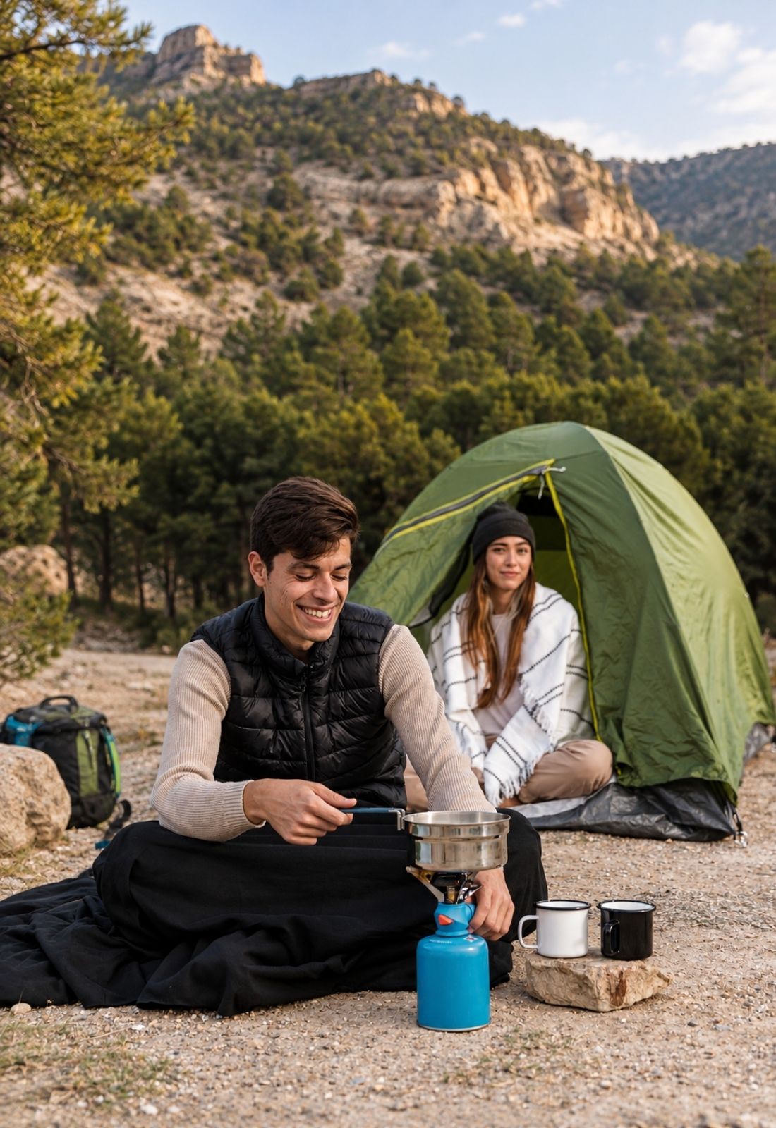 Couple prepares camp coffee beside a tent in scenic mountains