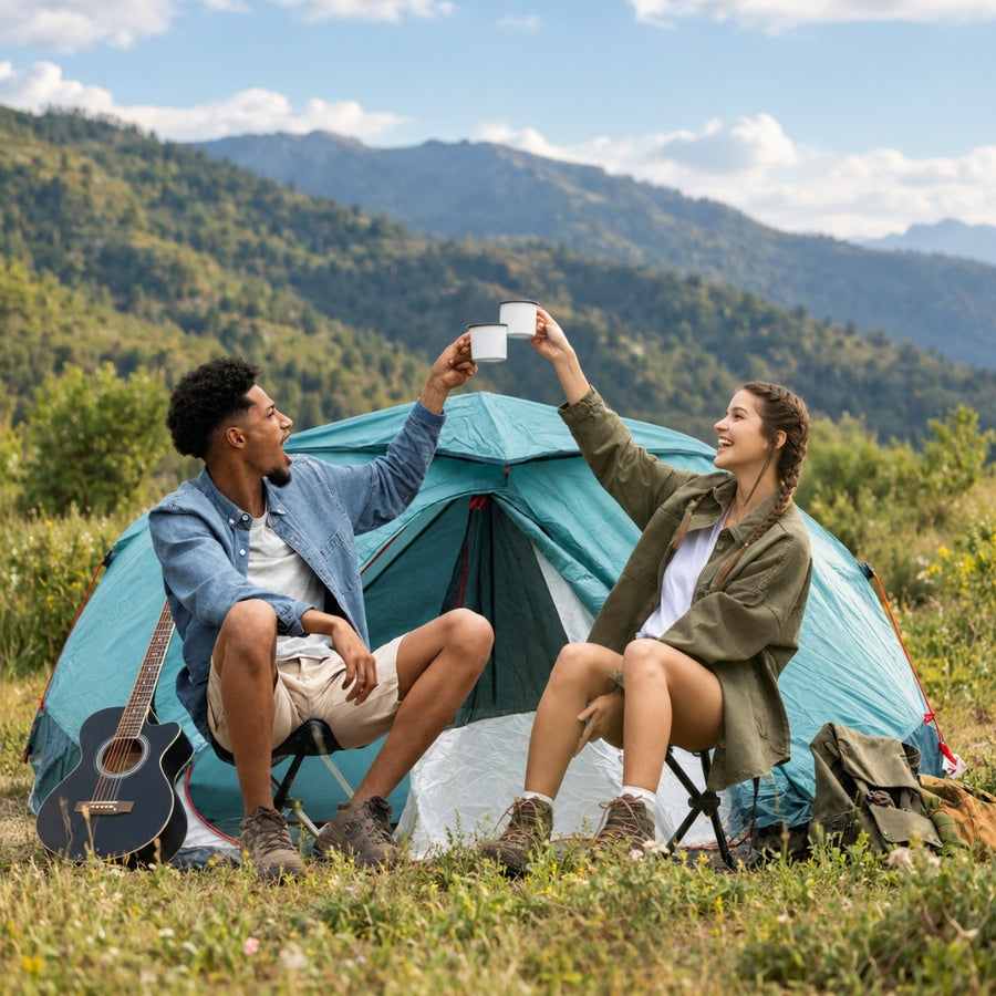 A man and a woman sitting in folding chairs in front of a teal camping tent, holding up a small white object together. A guitar rests on the ground beside the man, and a mountain landscape fills the background under a blue sky.