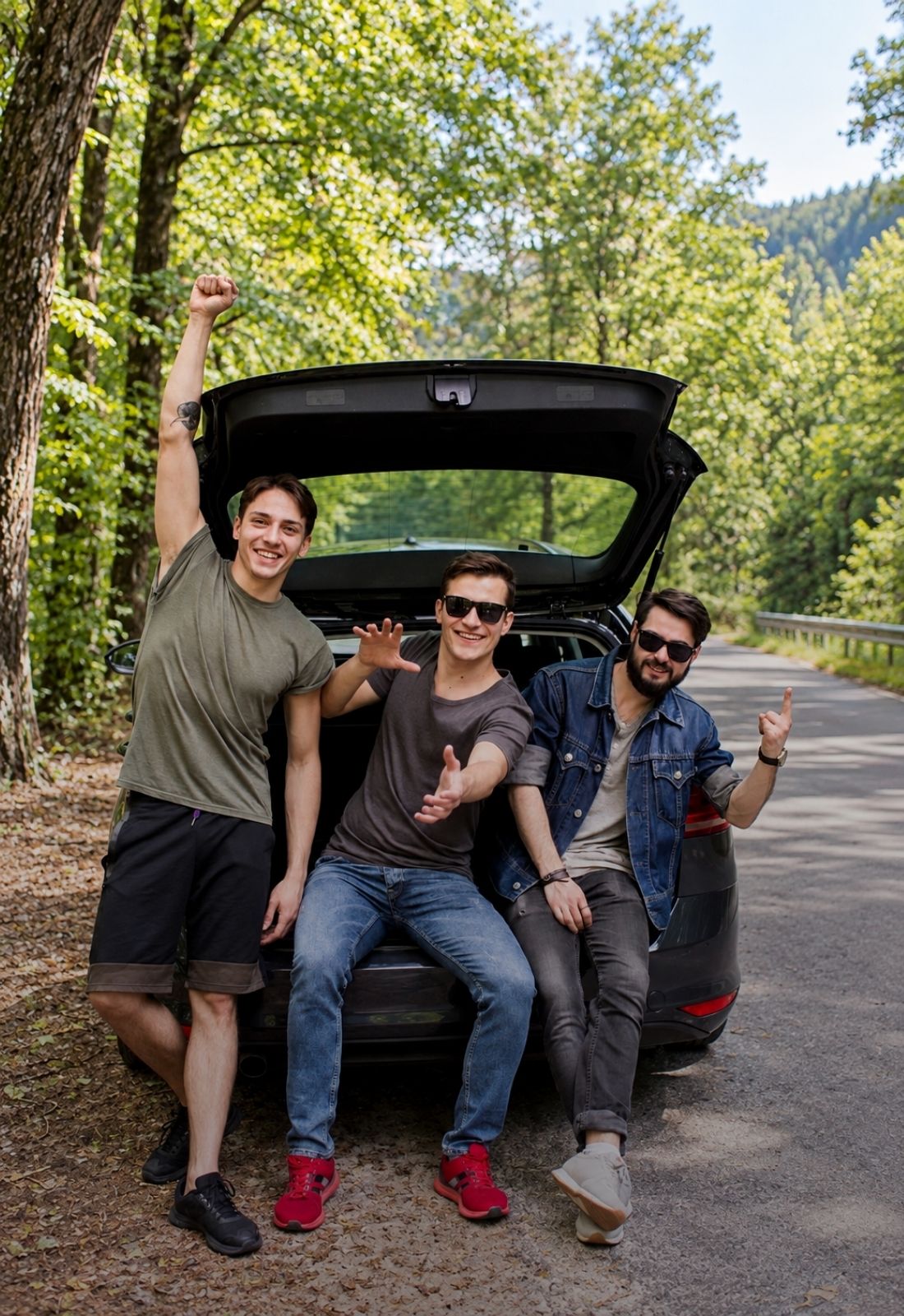 Friends smile together beside a parked car on scenic forest road