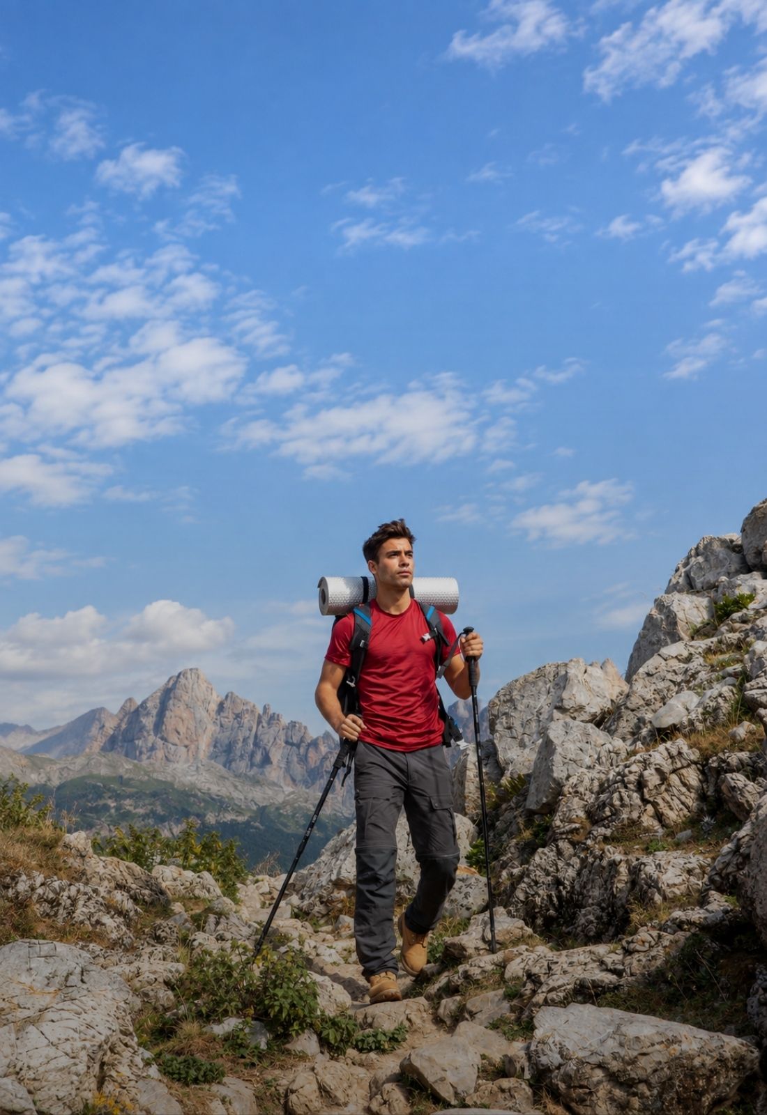 Hiker with backpack explores a rocky mountain trail beneath blue skies