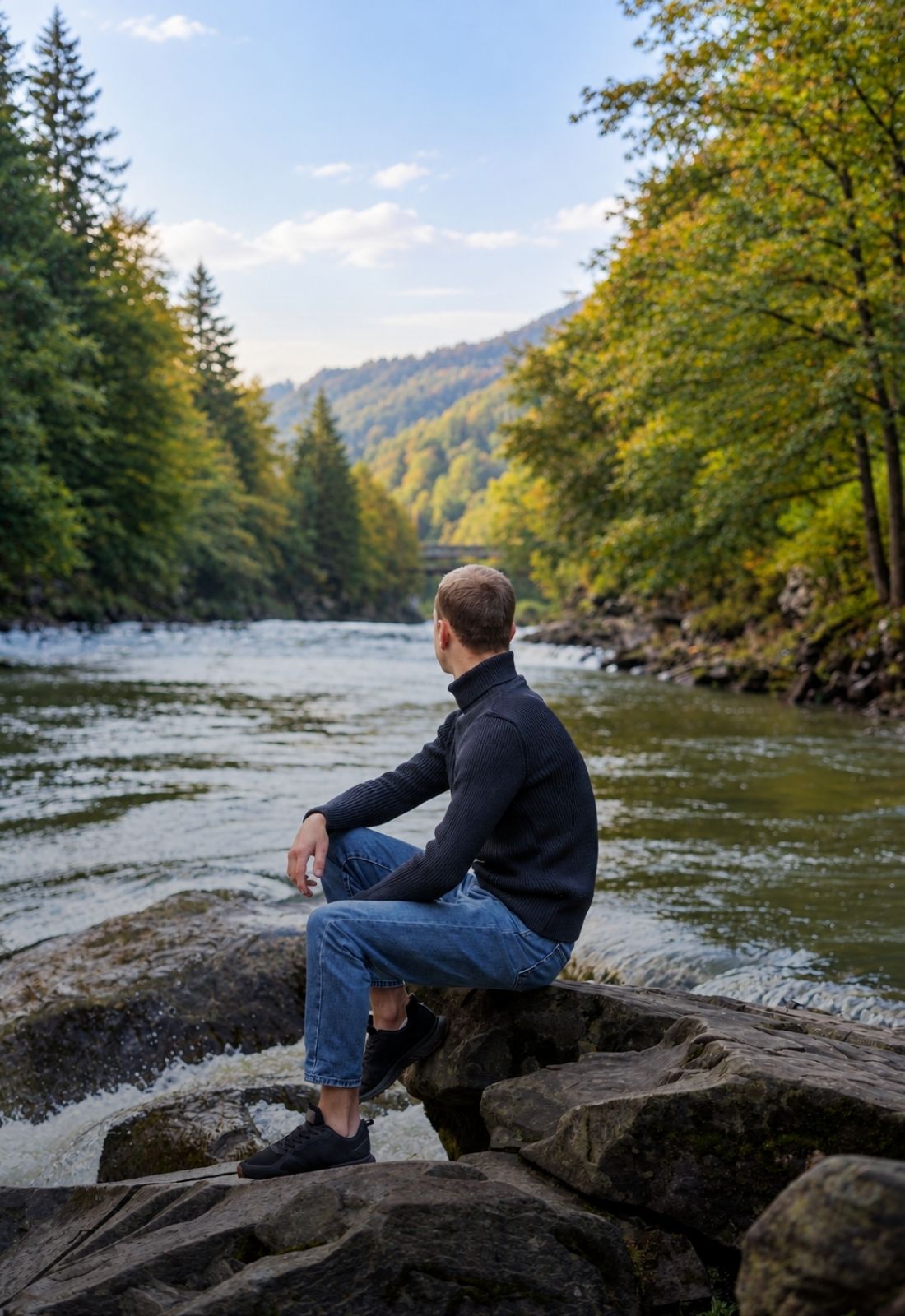 Man sits on riverside rocks enjoying forest scenery and flowing water