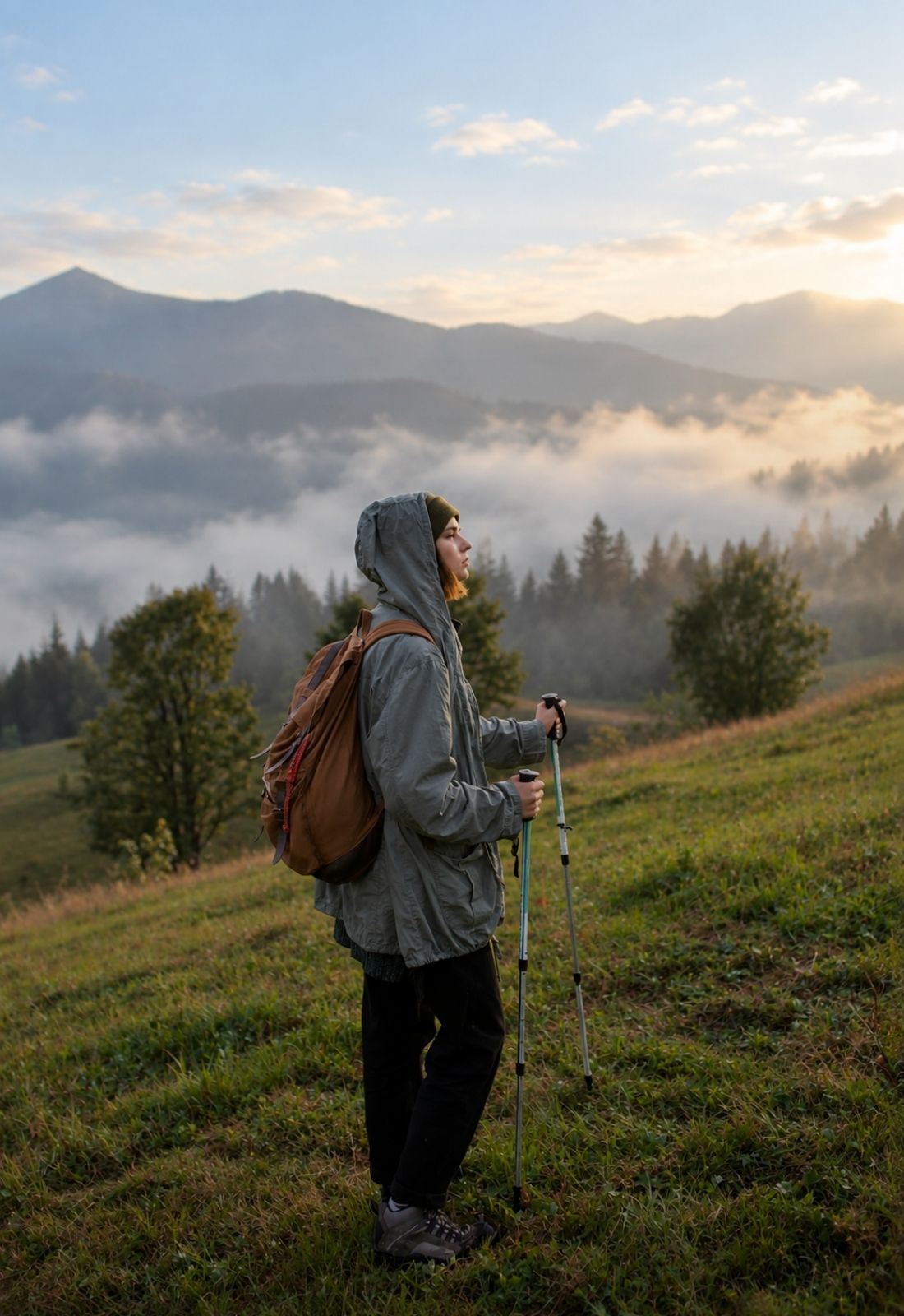 Woman hikes grassy mountain trail with trekking poles above misty valleys